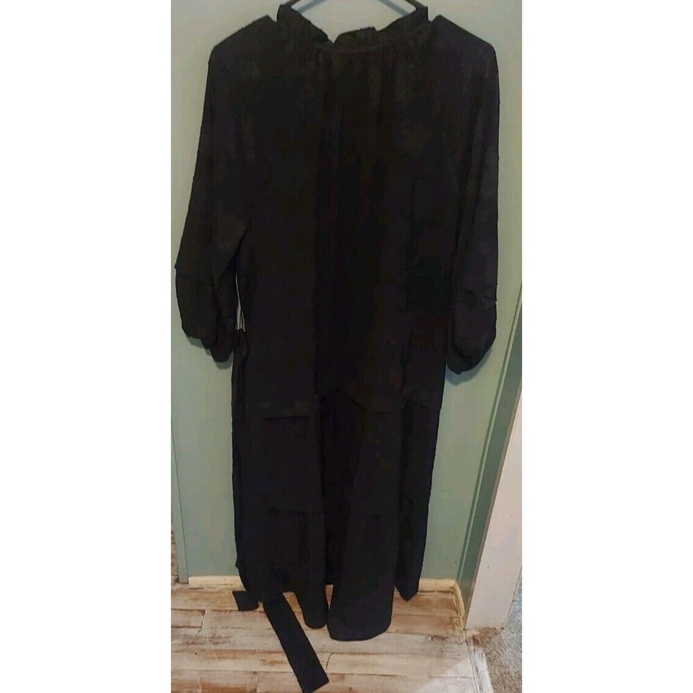 ! Tiered Midi Ruffle Jacquard Print Dress Large Black 3/4 Sleeves - Picture 3 of 11